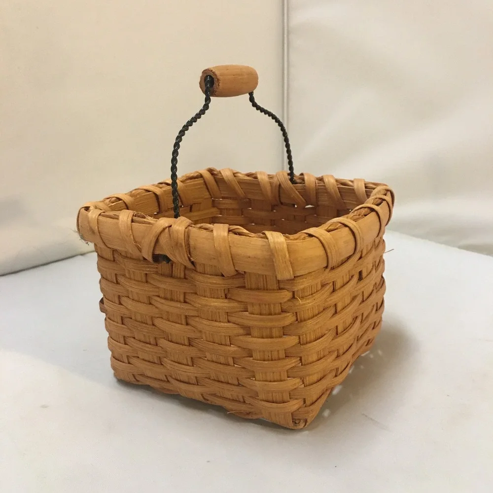 Miniature Woven Splint Basket Small Brown Rustic Wire Handle Decor Storage Boho
